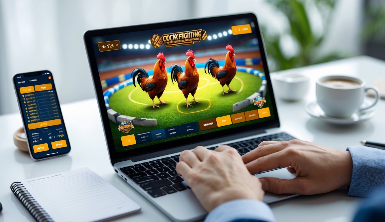 Seseorang menggunakan laptop dengan tampilan antarmuka taruhan sabung ayam online yang mudah dimenangkan di lingkungan kerja modern.