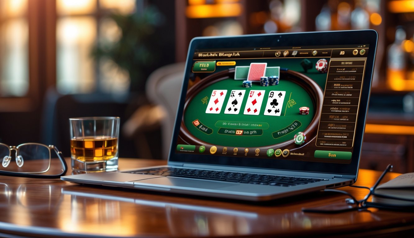 Sebuah laptop modern menampilkan permainan blackjack online dengan kartu dan chip, diletakkan di atas meja kayu dengan gelas minuman dan kacamata di sampingnya.