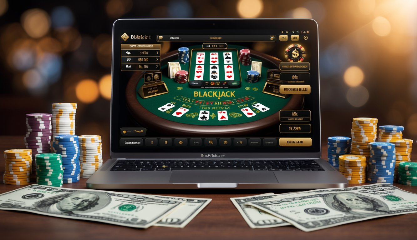 Seorang pemain menggunakan laptop untuk bermain blackjack online dengan uang asli, terlihat chip kasino dan uang kertas di meja.