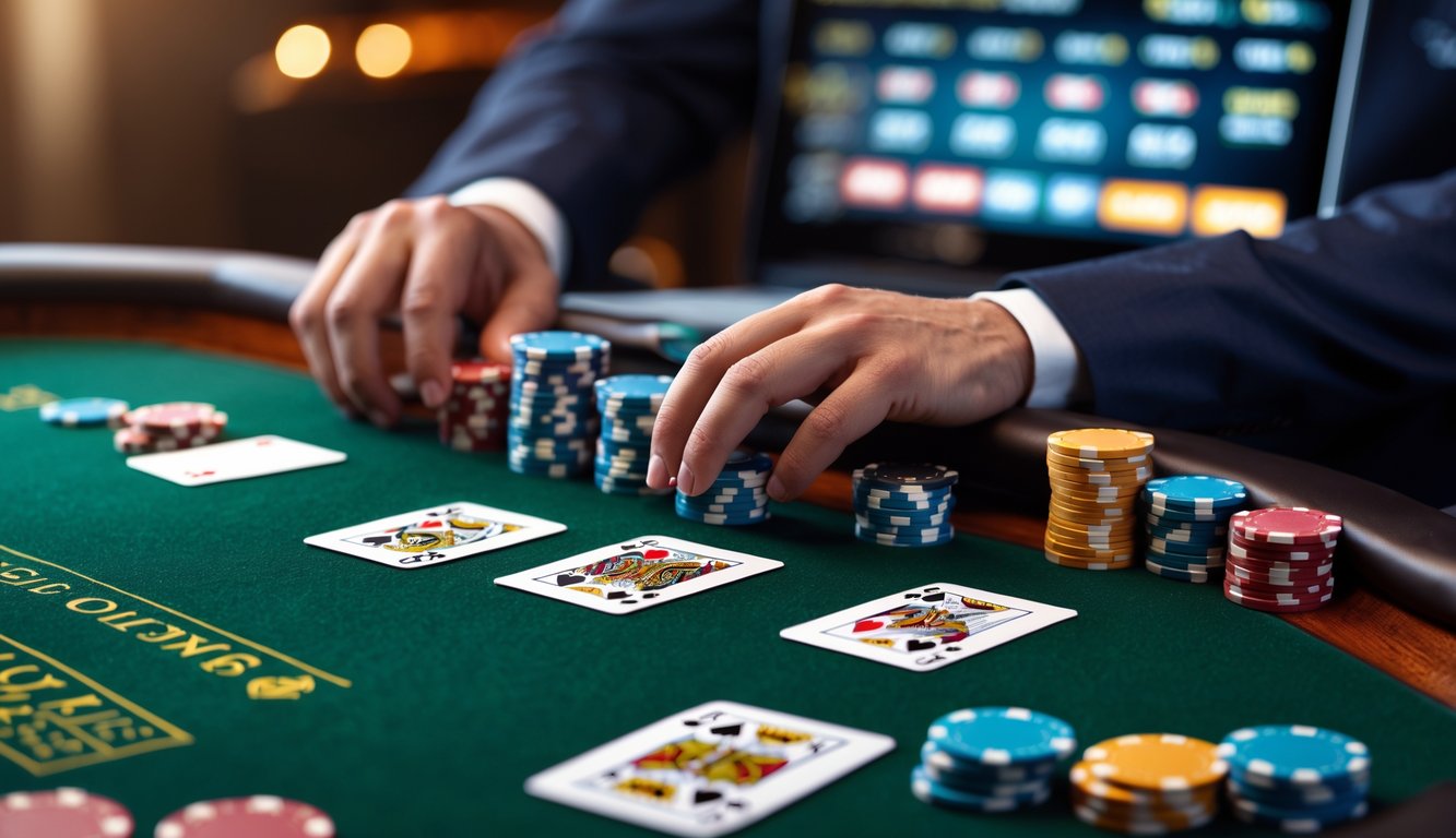 Meja blackjack dengan kartu dan chip, serta tangan yang menaruh taruhan di depan layar laptop yang menampilkan permainan kasino online.