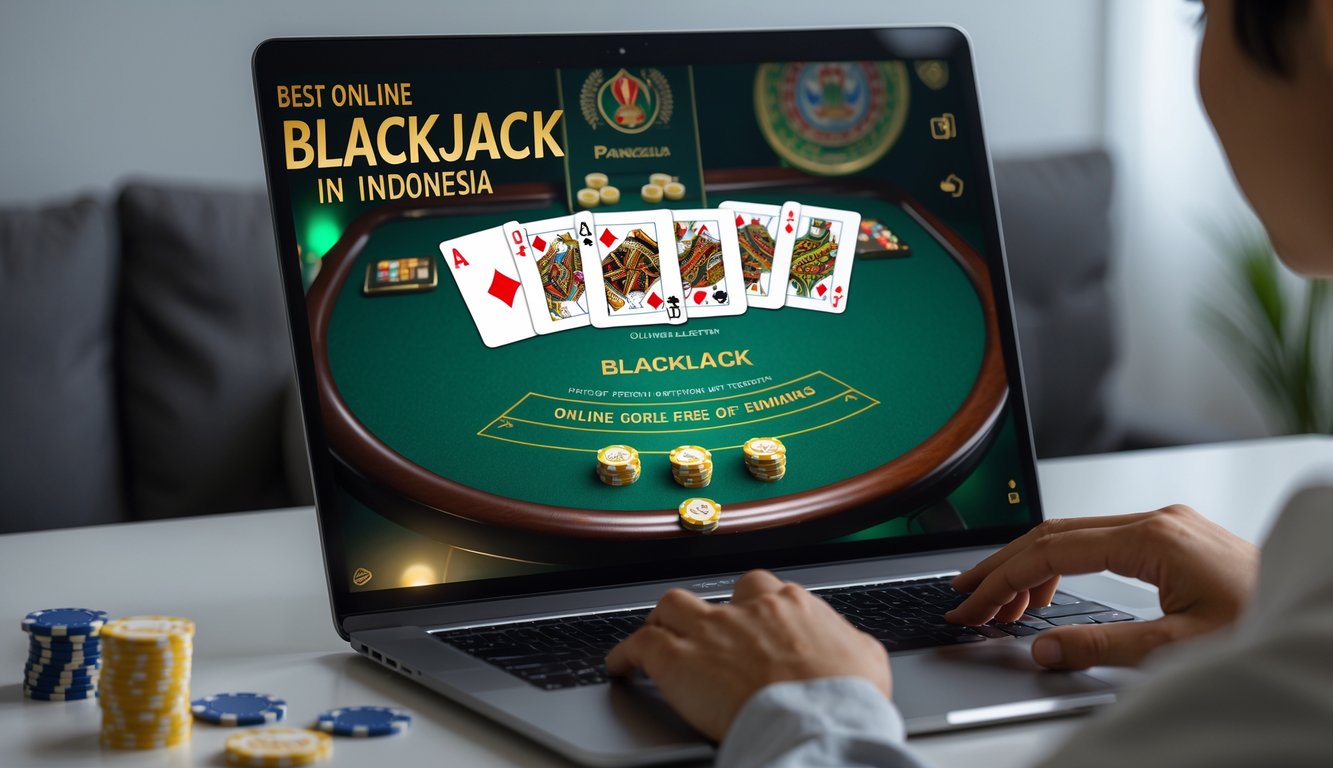 Seseorang bermain blackjack online di depan layar komputer dengan latar belakang yang mengandung elemen budaya Indonesia.