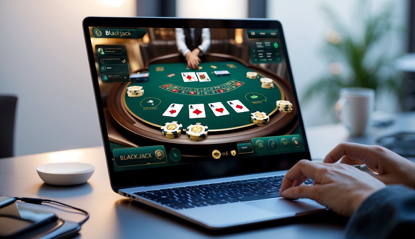 Seseorang bermain blackjack online di komputer dengan kartu dan chip di layar.