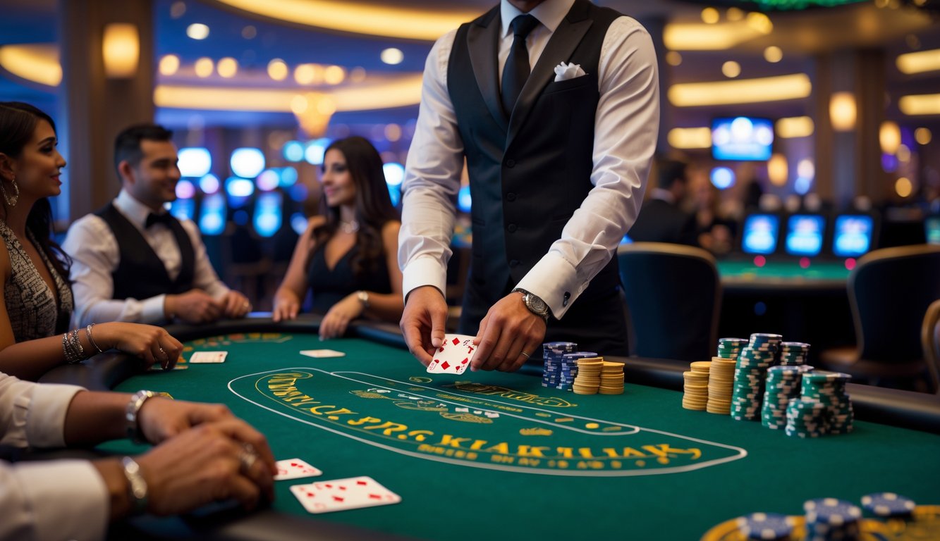 Suasana meja blackjack di kasino dengan dealer yang sedang membagikan kartu kepada pemain.