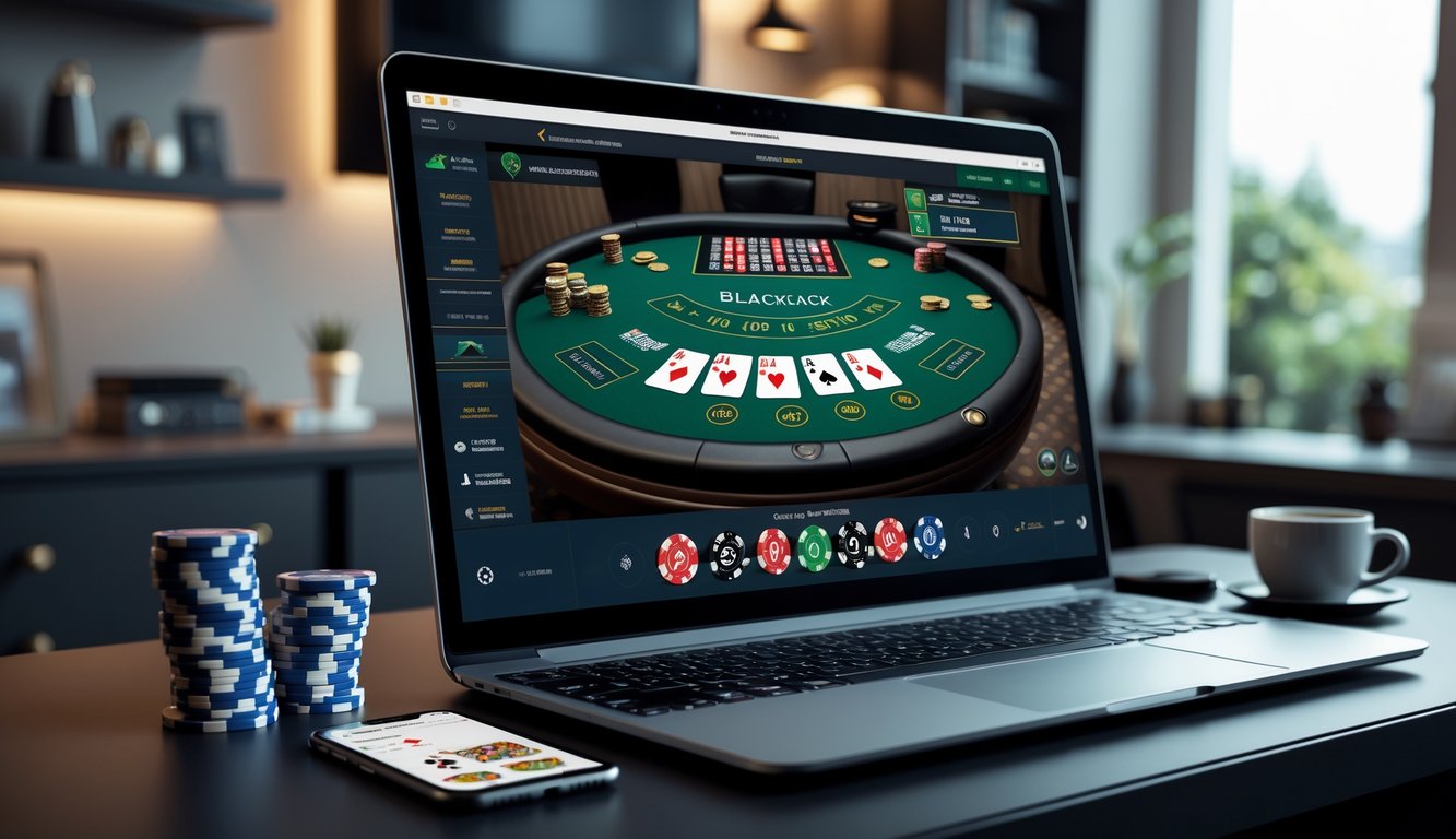 Sebuah meja dengan laptop yang menampilkan permainan blackjack online, tumpukan chip poker, dan suasana ruang bermain yang nyaman.