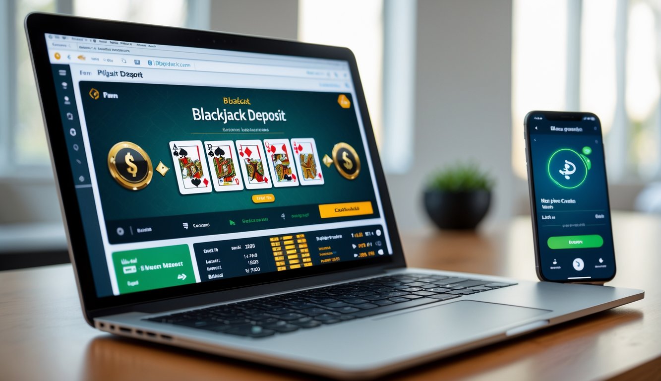 Seorang pengguna sedang menggunakan laptop dan ponsel untuk melakukan deposit pulsa pada permainan blackjack online.