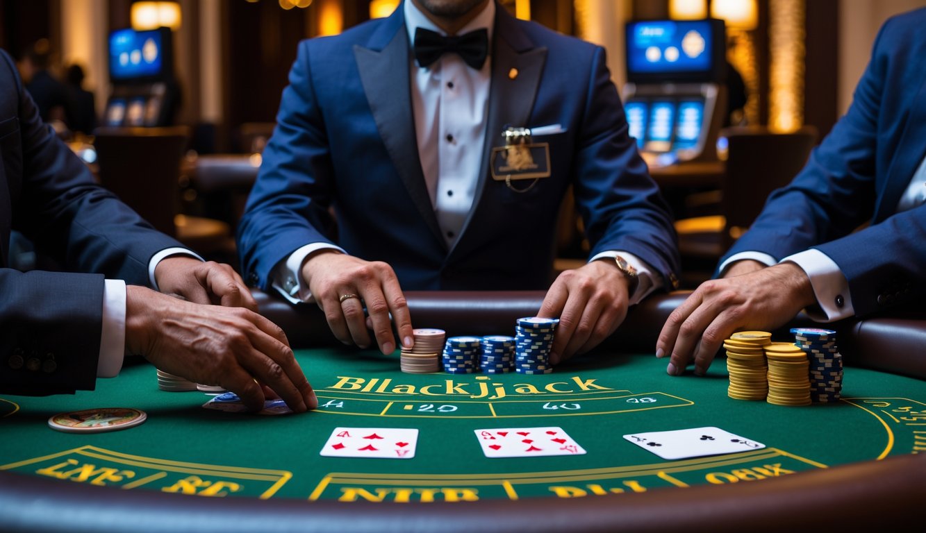 Seorang dealer dan pemain sedang bermain blackjack di meja kasino dengan kartu dan chip.