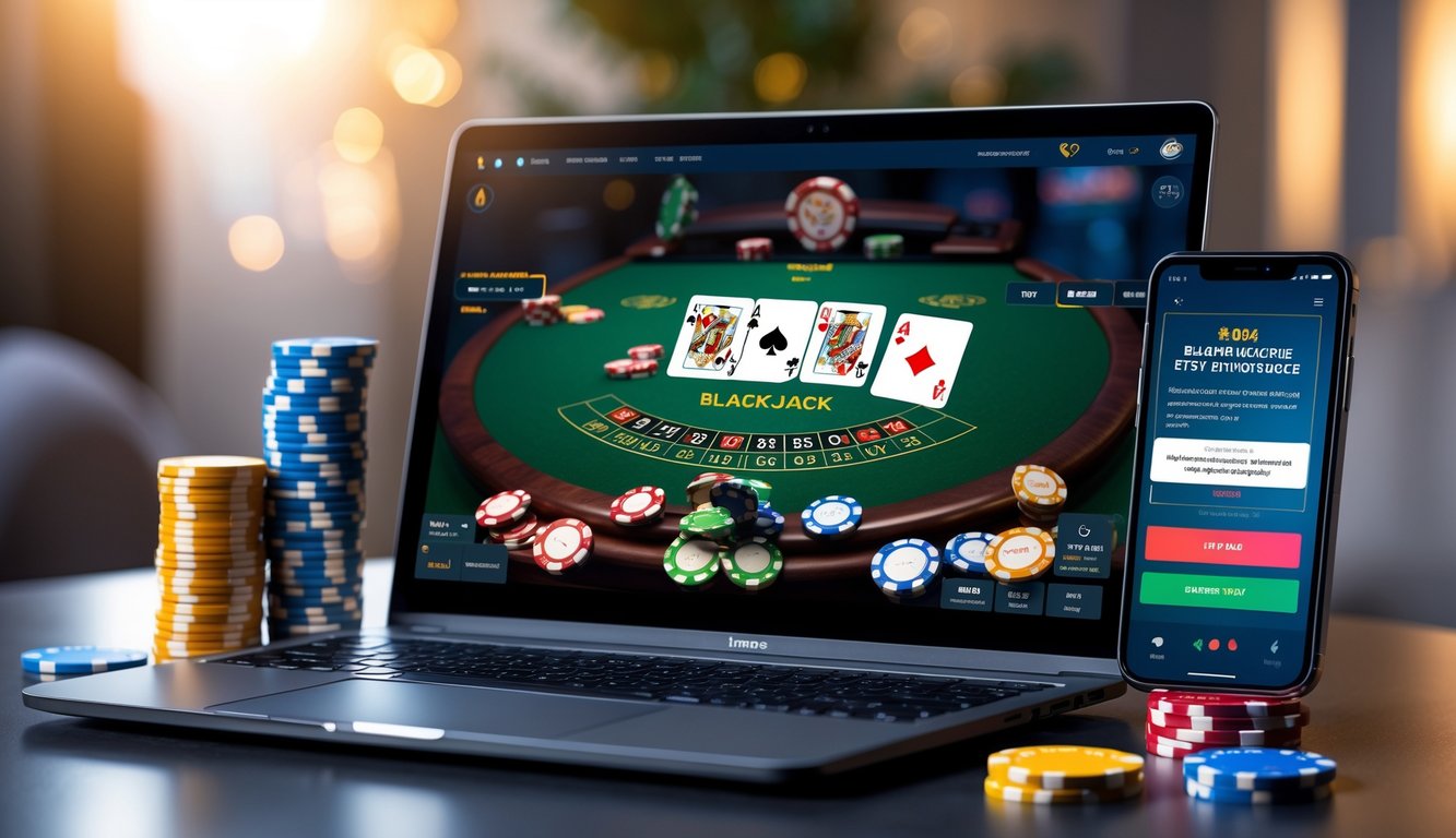 Sebuah laptop dengan permainan blackjack online di layar, dikelilingi oleh tumpukan chip poker dan sebuah ponsel yang menunjukkan notifikasi bonus.