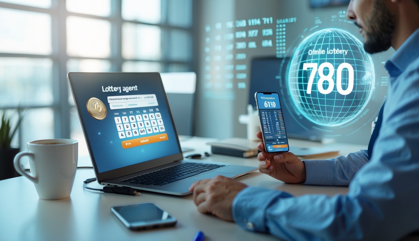 Seorang agen togel online sedang bekerja di kantor dengan laptop dan ponsel di meja yang rapi.