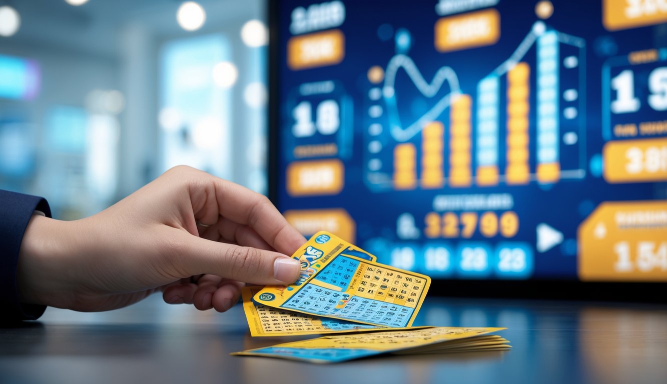 Tangan seseorang memegang tiket lotere dengan latar belakang layar digital yang menampilkan angka dan grafik kemenangan besar.