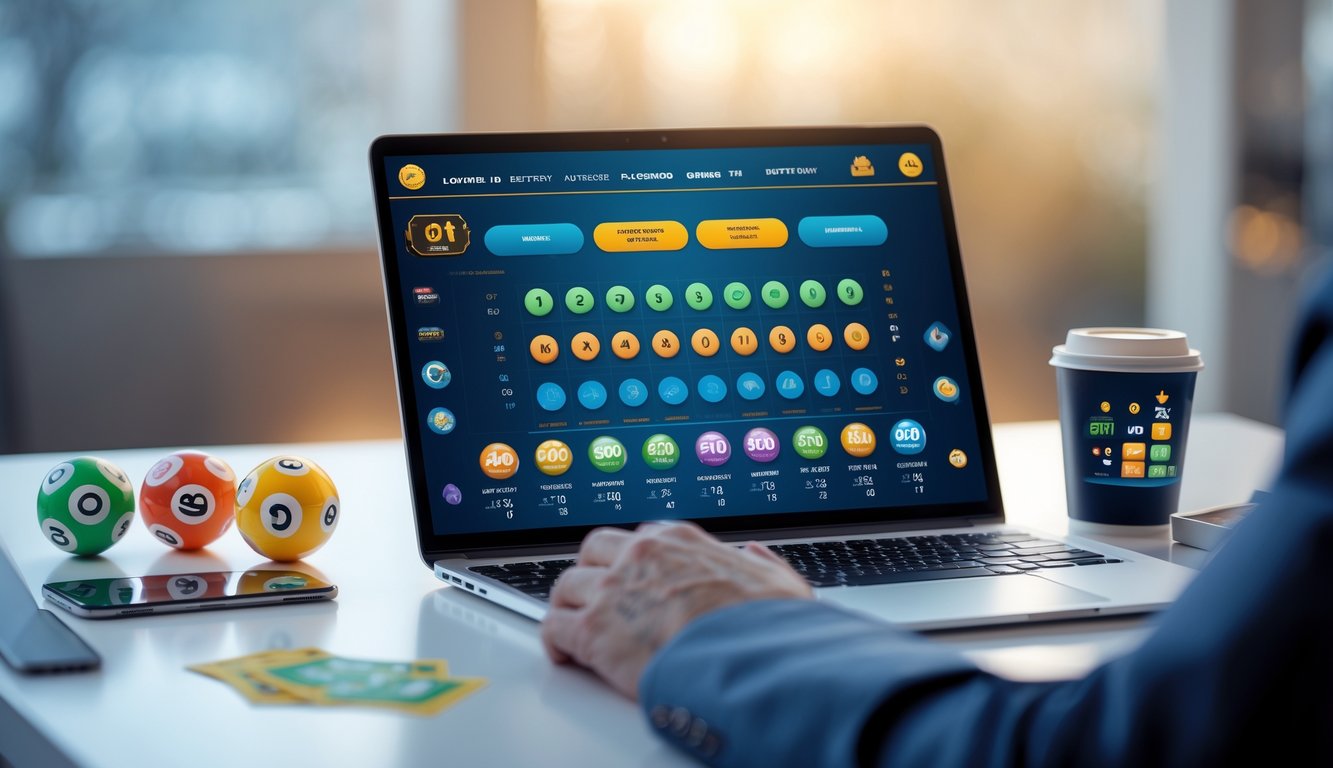 Seorang pria menggunakan laptop dengan tampilan permainan togel online di meja yang rapi, dikelilingi bola togel dan ponsel di lingkungan yang nyaman.