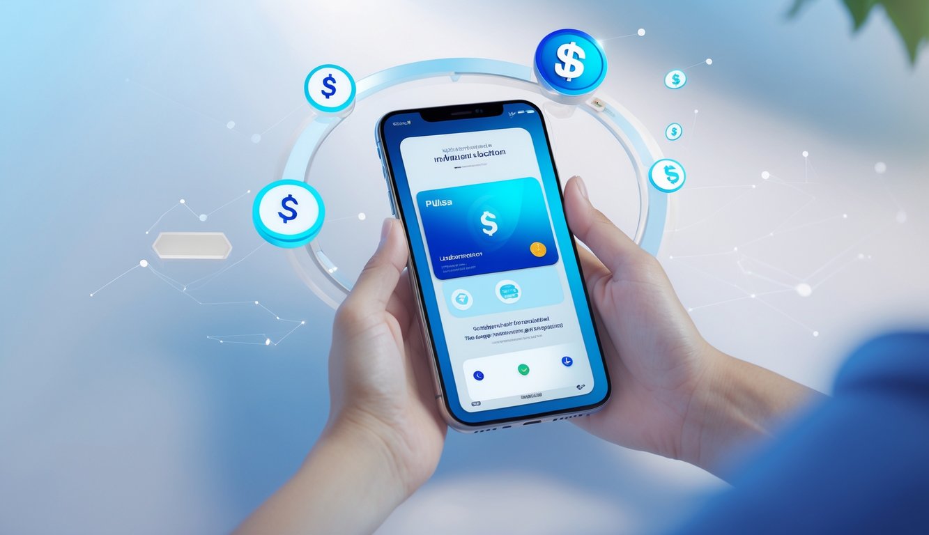 Seseorang memegang smartphone yang menampilkan aplikasi pembayaran digital dengan ikon pulsa dan tanda transaksi berhasil.