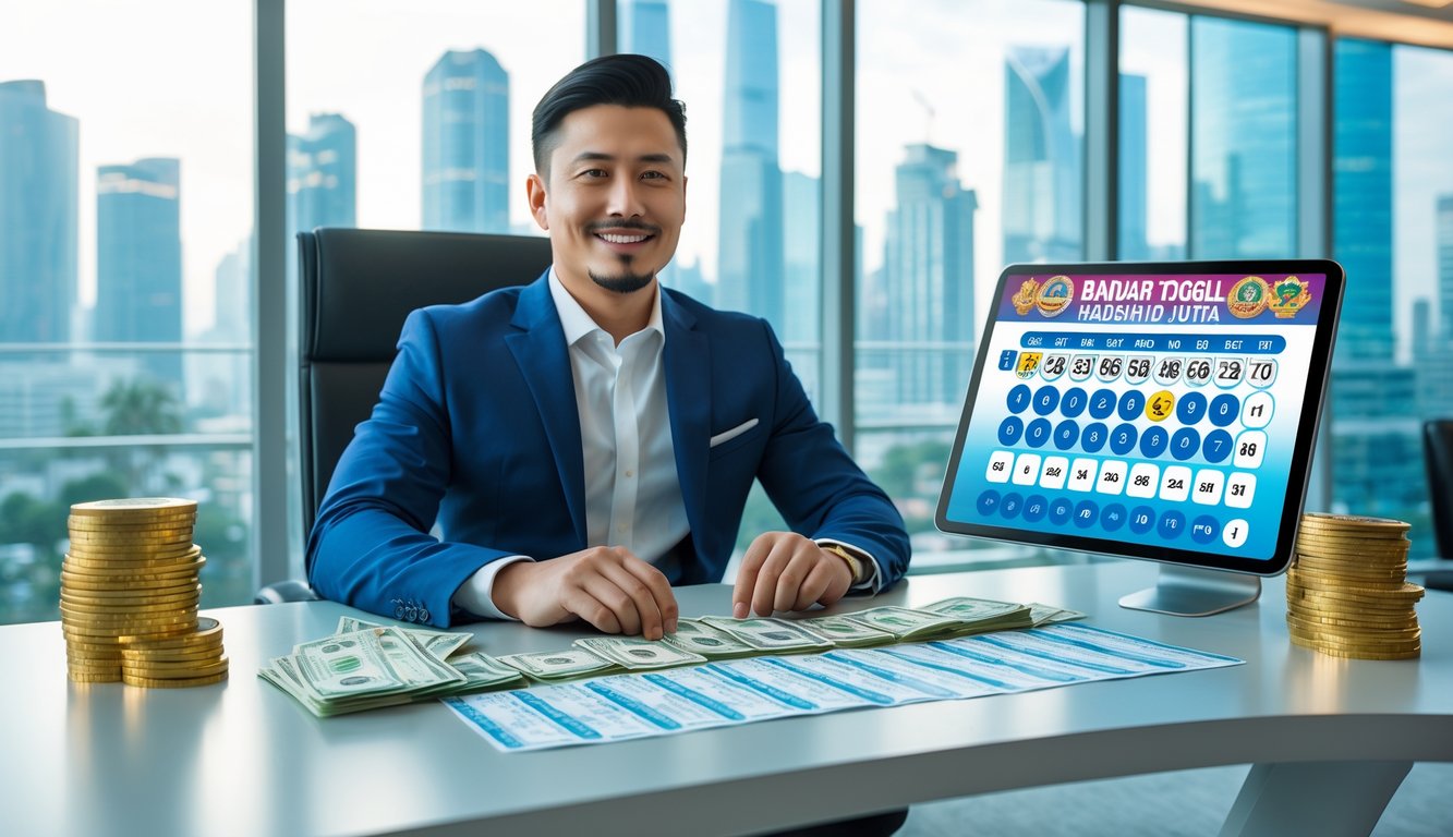Seorang pria berpakaian rapi duduk di meja modern dengan tiket lotre dan uang di sekitarnya, latar belakang pemandangan kota yang sibuk.