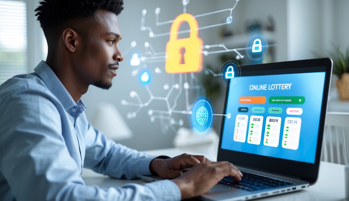 Seorang dewasa muda menggunakan laptop di ruang kerja rumah yang terang dan bersih dengan layar menampilkan antarmuka lotere online yang aman.