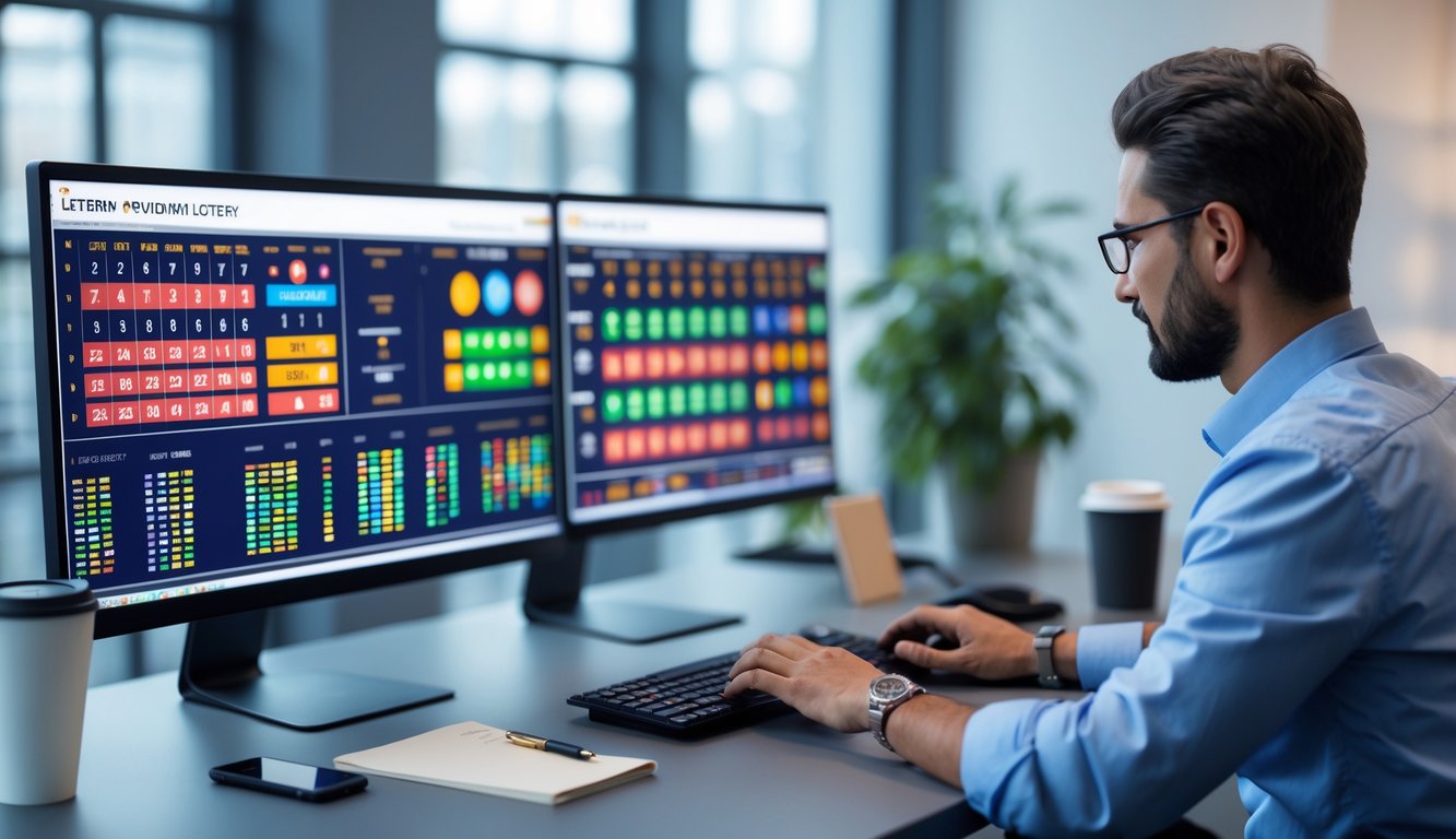 Seorang pria menggunakan komputer dengan beberapa layar yang menampilkan grafik dan angka terkait pasar togel lengkap di sebuah kantor modern.