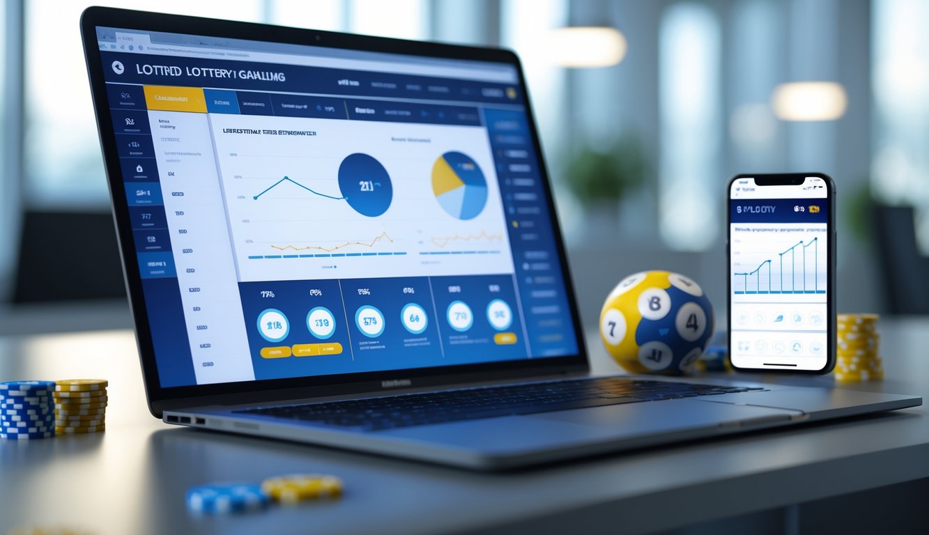 Meja kerja modern dengan laptop dan ponsel yang menampilkan antarmuka situs togel online, dilengkapi dengan bola togel dan grafik statistik di latar belakang kantor yang terang.