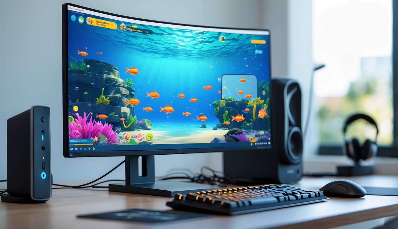 Sebuah meja kerja dengan komputer menampilkan permainan tembak ikan online dengan grafis ikan berwarna-warni di layar.