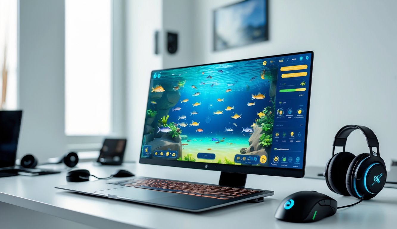 Sebuah komputer menampilkan permainan memancing online dengan ikan berwarna-warni di layar, di atas meja yang rapi dengan aksesori gaming di sekitarnya.