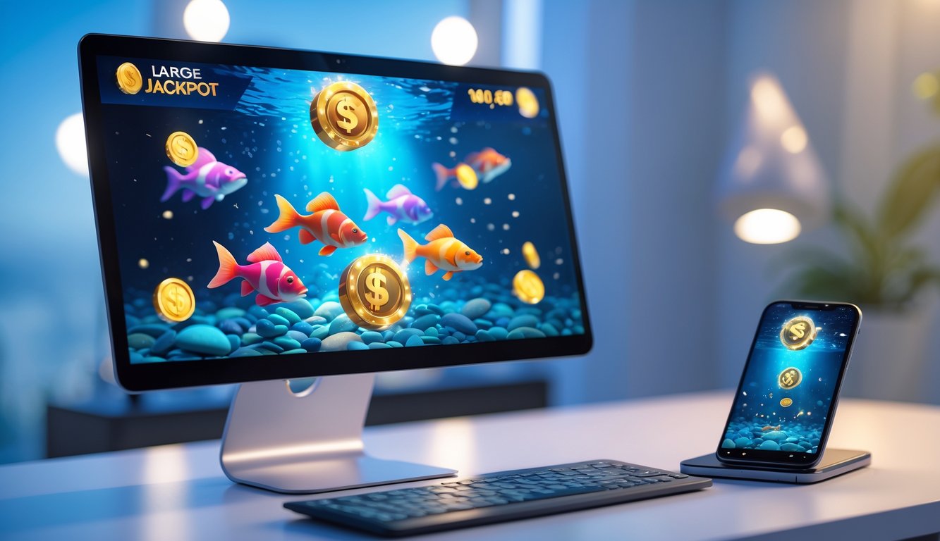 Tampilan perangkat digital yang menunjukkan permainan tembak ikan online dengan ikan berwarna-warni dan ikon jackpot besar di layar.