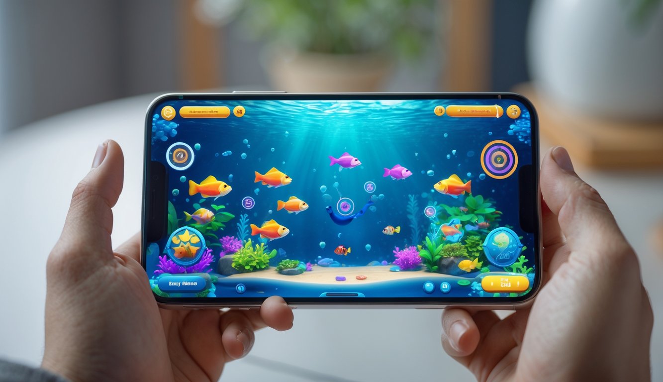 Seseorang memegang ponsel yang menampilkan permainan tembak ikan online dengan latar belakang buram.