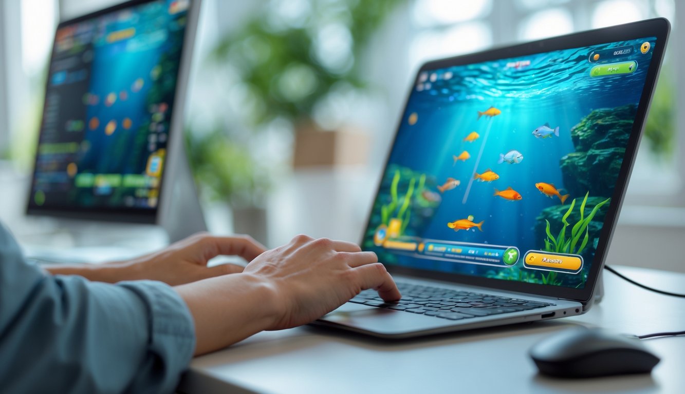 Seseorang bermain permainan memancing online di komputer dengan layar menampilkan ikan-ikan warna-warni di bawah air.