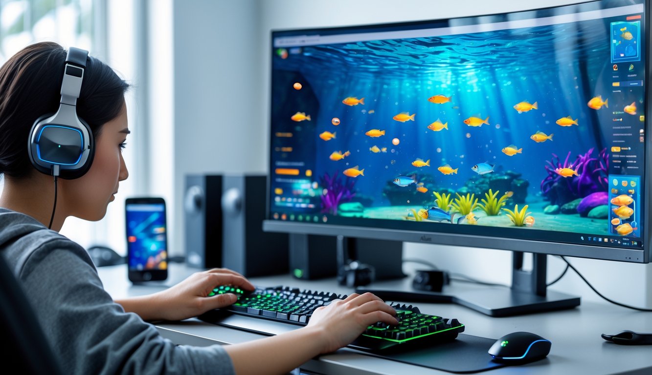 Seseorang bermain game tembak ikan online di komputer dengan layar menampilkan grafik ikan berwarna-warni di ruangan berlampu terang.