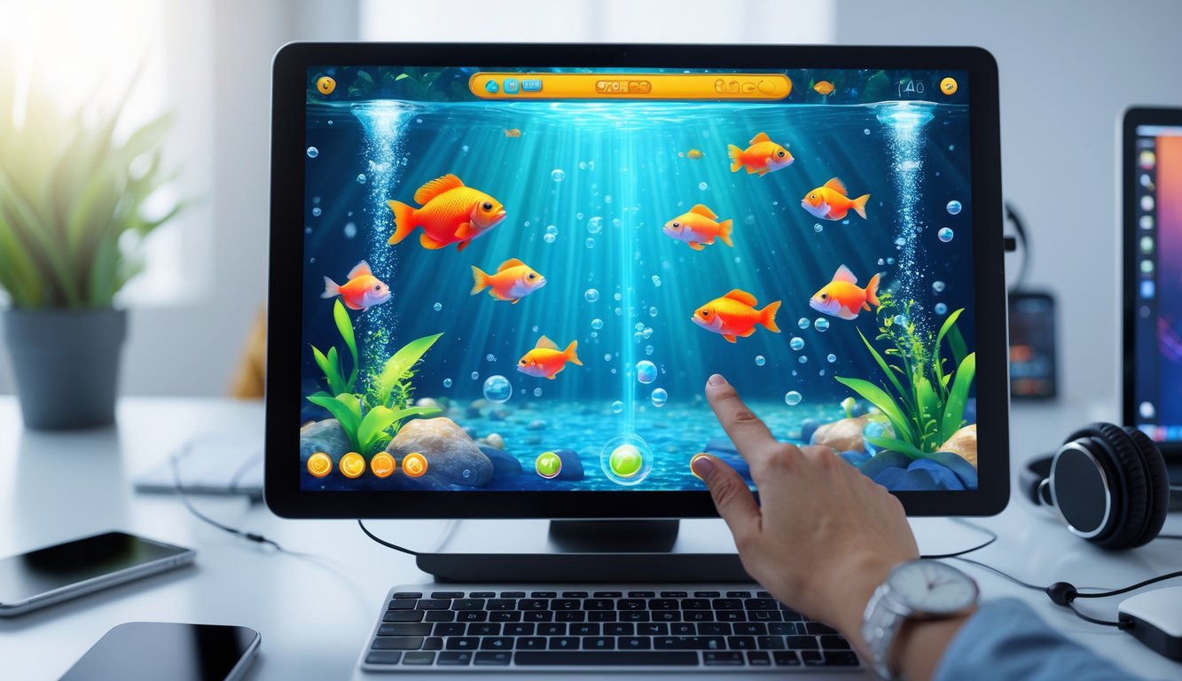 Seseorang sedang bermain permainan tembak ikan online di layar komputer dengan latar belakang meja kerja yang rapi.