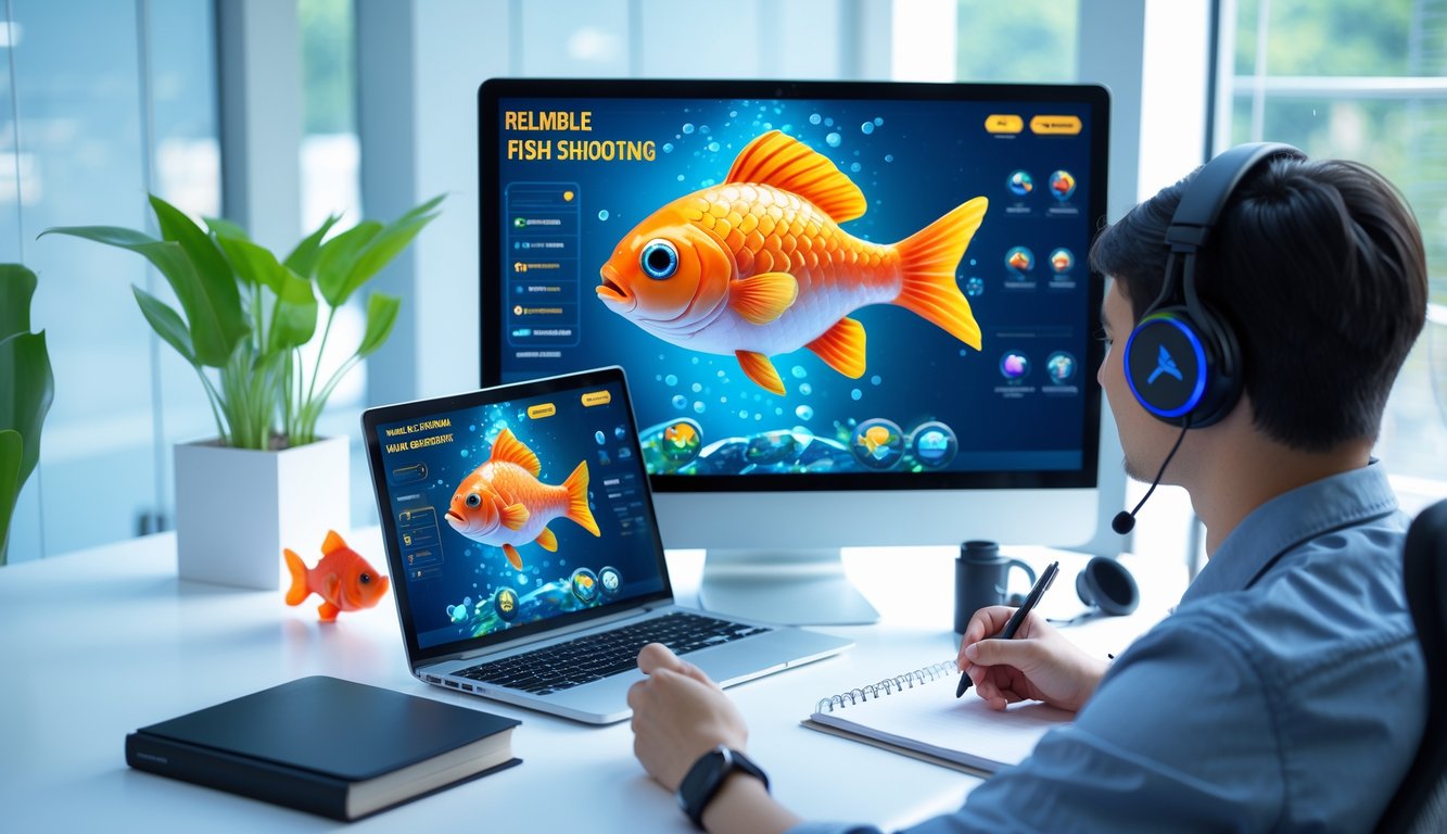 Seorang pria duduk di meja kerja dengan komputer yang menampilkan permainan tembak ikan, sambil mencatat di buku catatan.