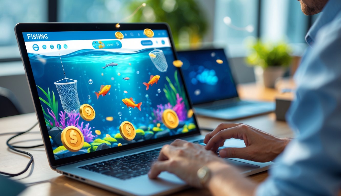 Seseorang menggunakan perangkat digital untuk bermain game tembak ikan online dengan latar belakang elemen bawah laut dan hadiah digital.