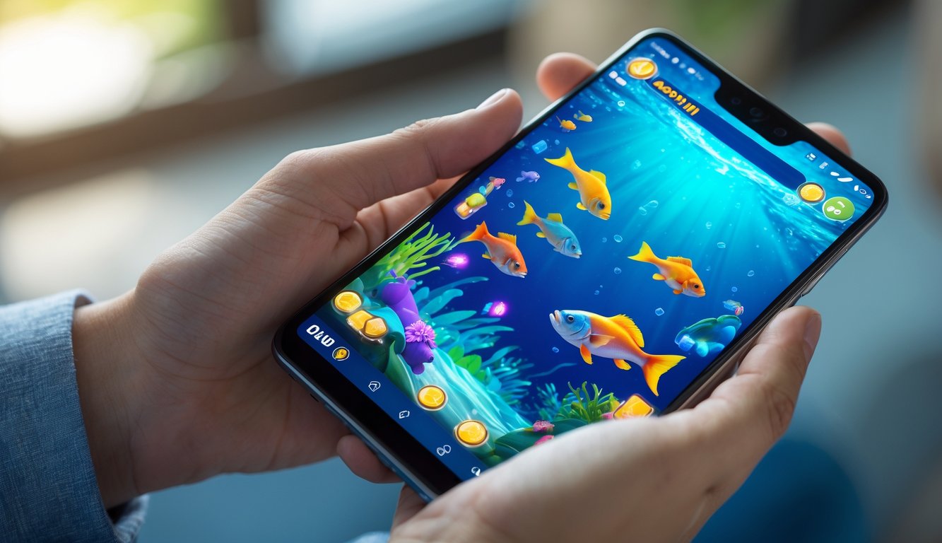 Seseorang memegang ponsel Android yang menampilkan permainan tembak ikan online dengan latar bawah laut berwarna-warni.