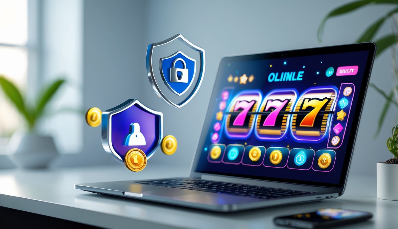 Suasana ruang kerja modern dengan komputer menampilkan permainan slot online yang berwarna-warni dan elemen keamanan di latar belakang.