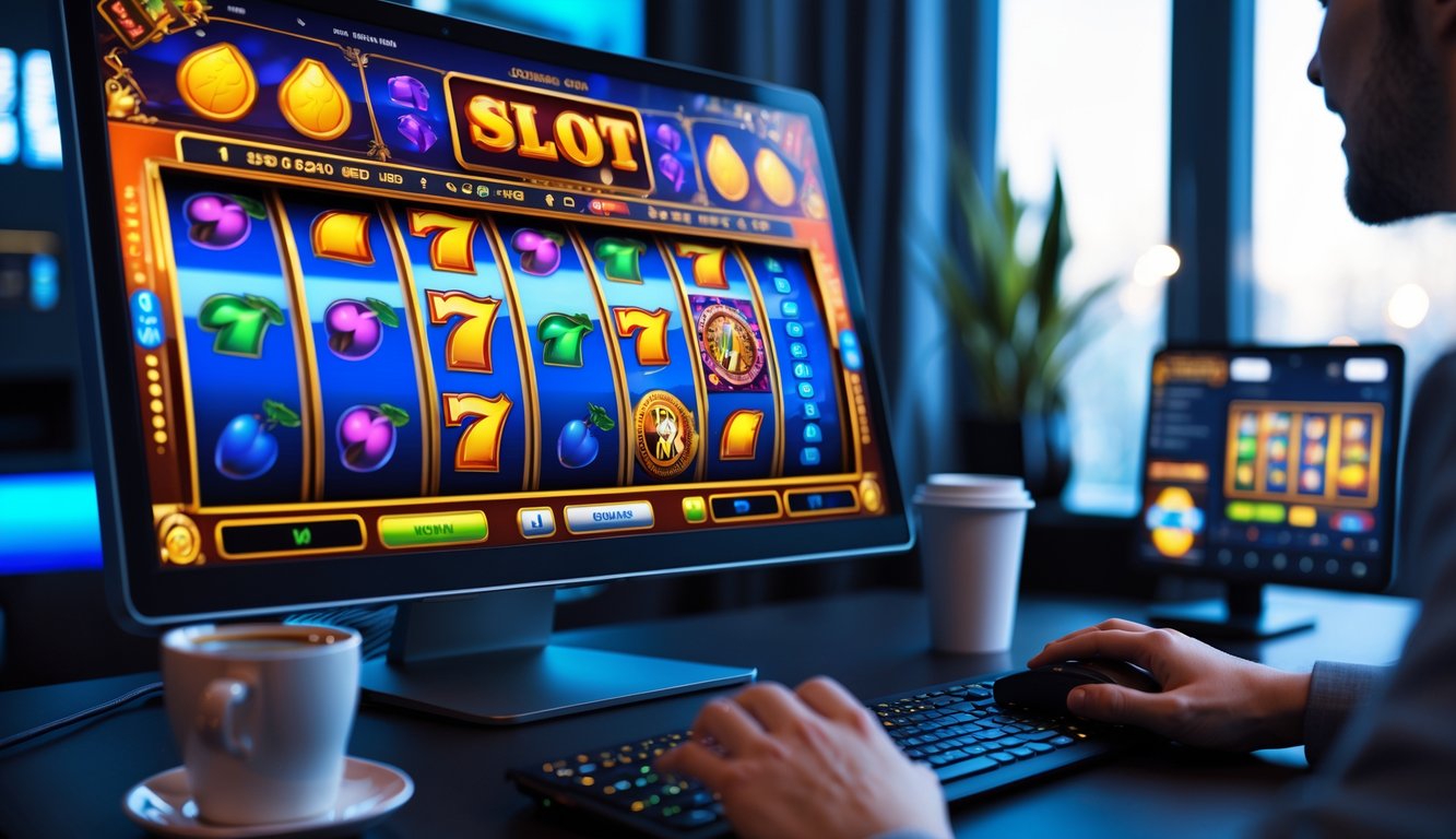 Seseorang bermain permainan slot online di komputer dengan tampilan grafis mesin slot yang berwarna-warni di ruangan modern.
