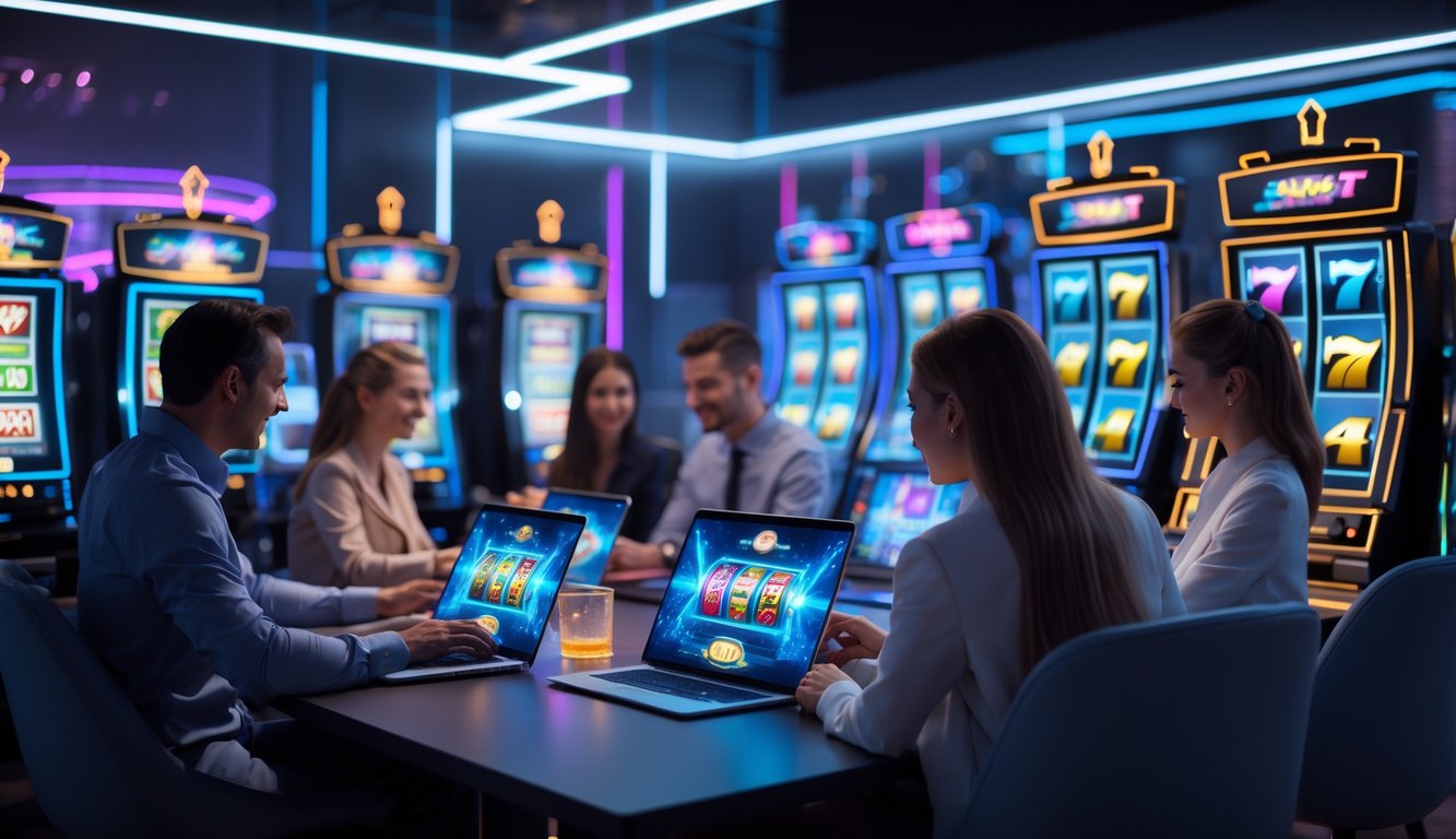 Beberapa orang menggunakan perangkat digital untuk bermain slot online di ruangan modern dengan pencahayaan futuristik.