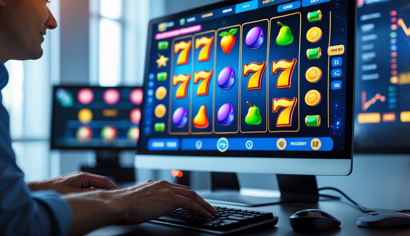 Seorang pengguna sedang bermain permainan slot online di depan komputer dengan tampilan grafis permainan yang berwarna-warni.