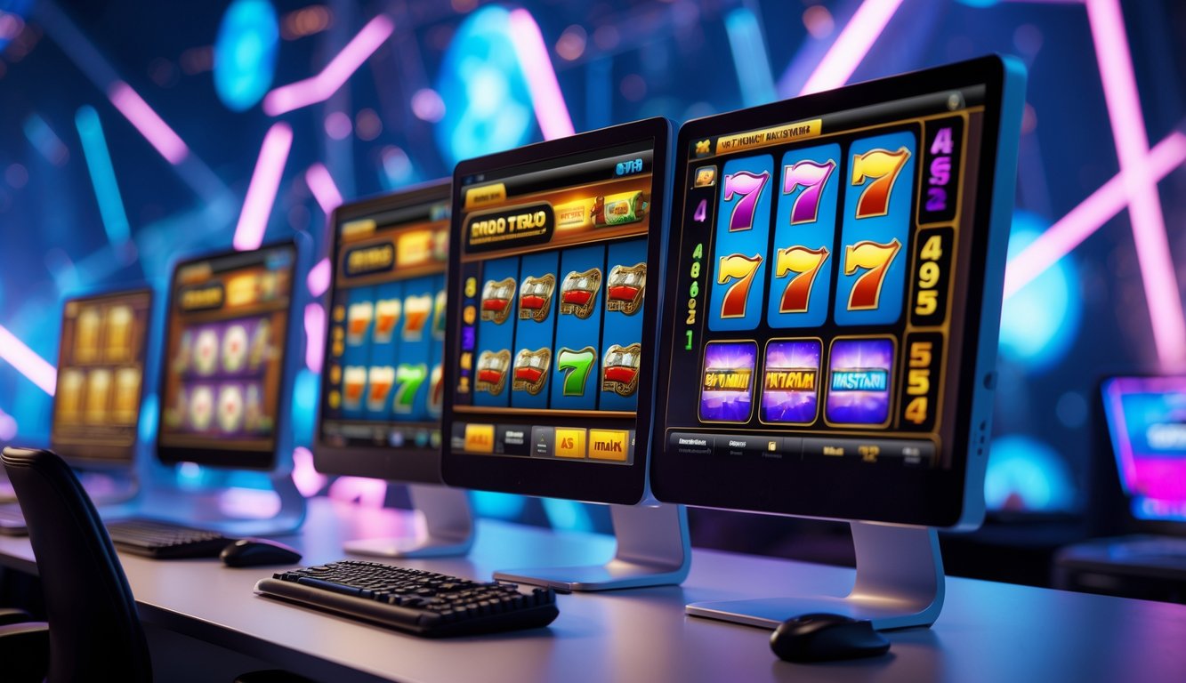 Sebuah ruang kerja modern dengan beberapa monitor menampilkan permainan mesin slot online yang berwarna-warni.
