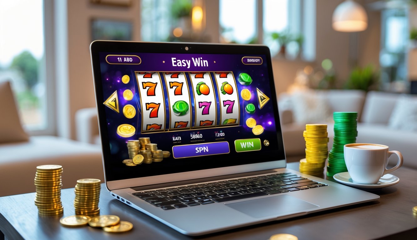 Seorang pemain duduk di depan komputer dengan permainan slot online yang menampilkan gulungan warna-warni, terlihat senang dan suasana ruangan yang nyaman.