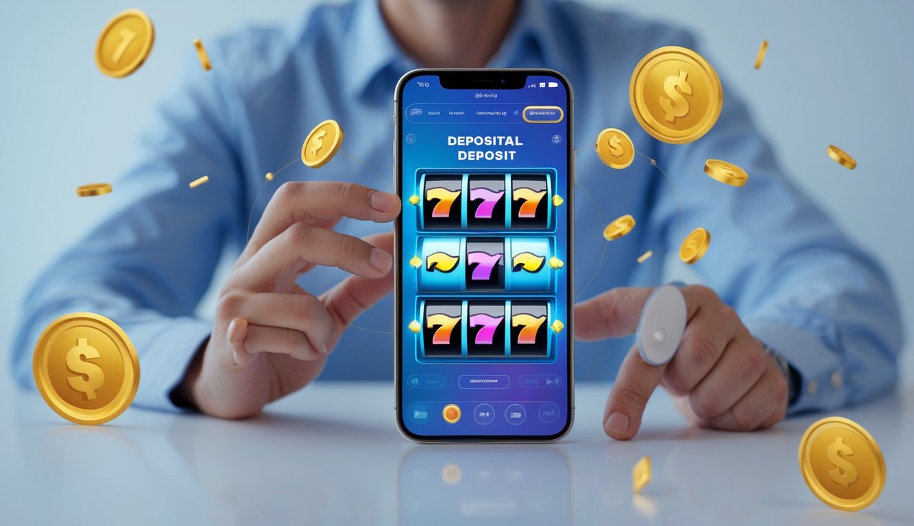 Seseorang menggunakan ponsel pintar untuk bermain permainan slot online dengan latar belakang yang bersih dan elemen grafis pulsa digital.