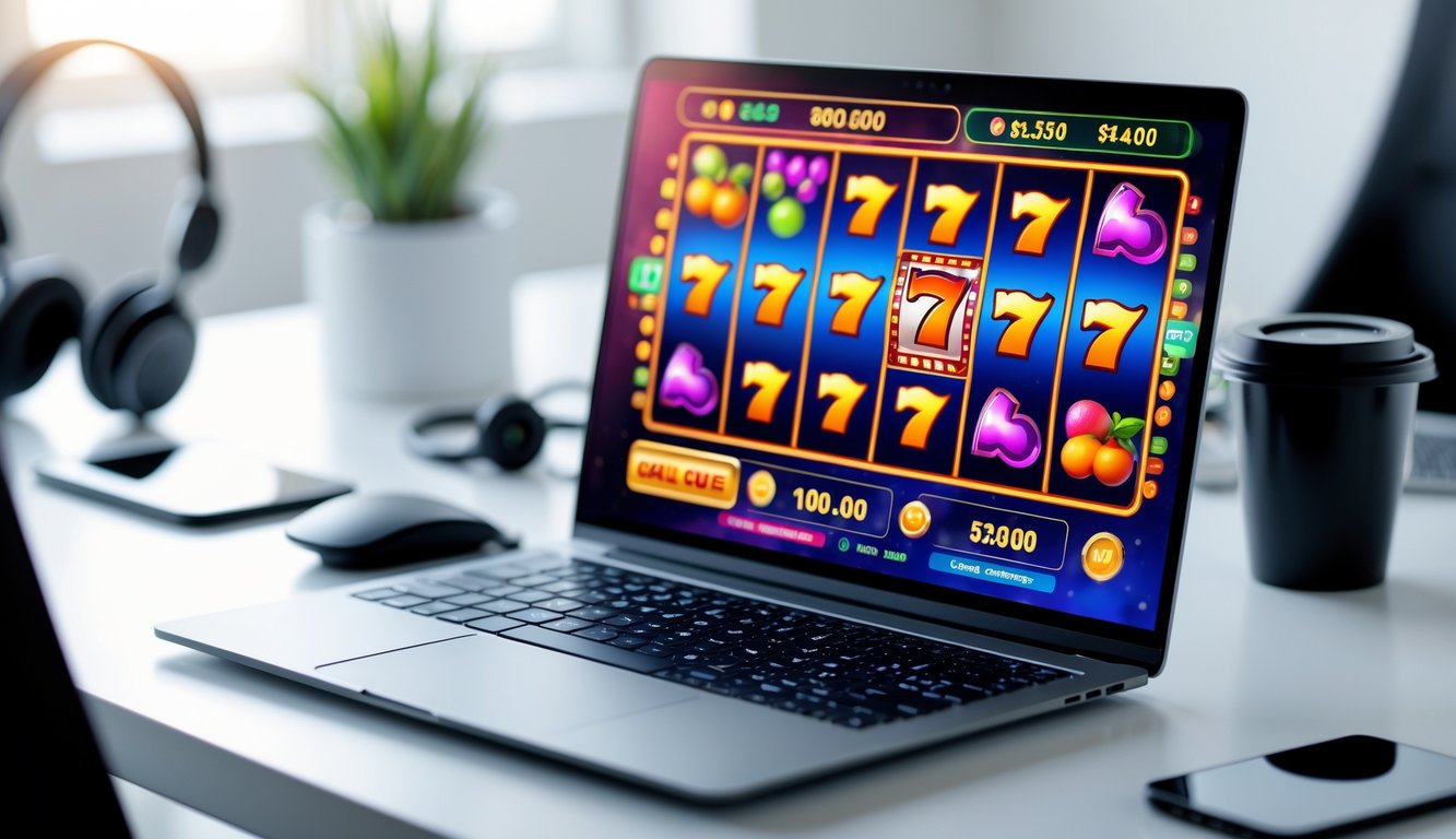 Seseorang menggunakan komputer dengan permainan slot online berwarna-warni di layar dalam ruang kerja yang rapi dan terang.