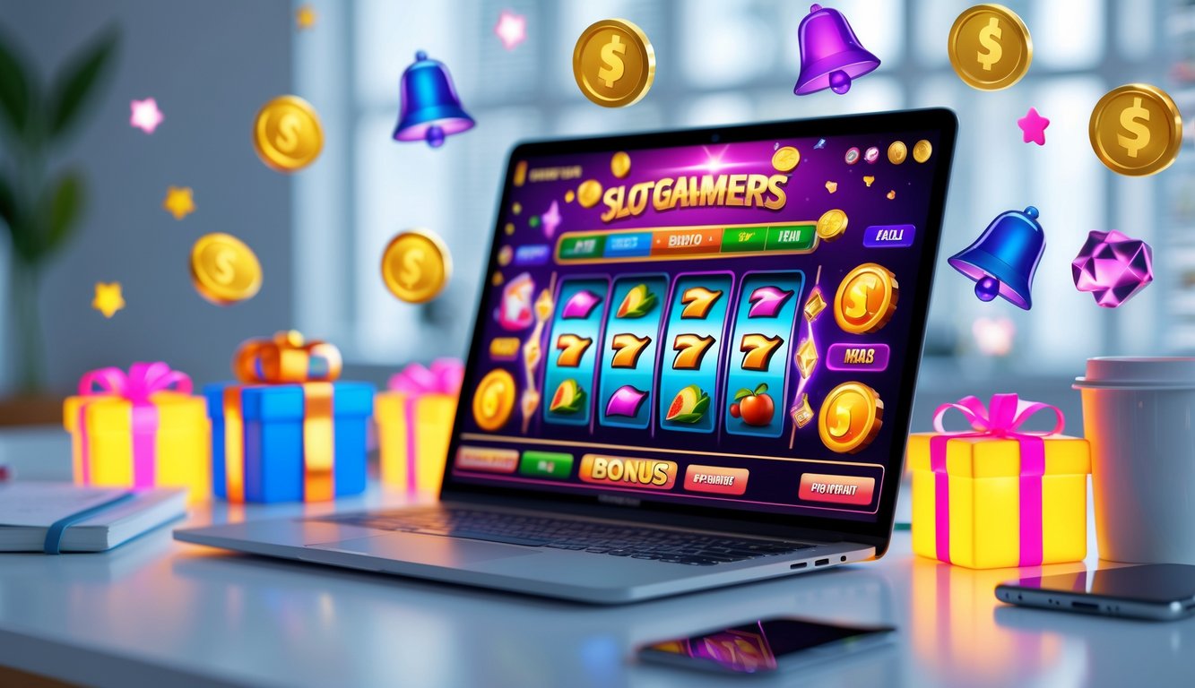 Seorang pengguna sedang bermain permainan slot online di komputer dengan latar meja kerja yang rapi dan beberapa elemen bonus digital di sekitar.