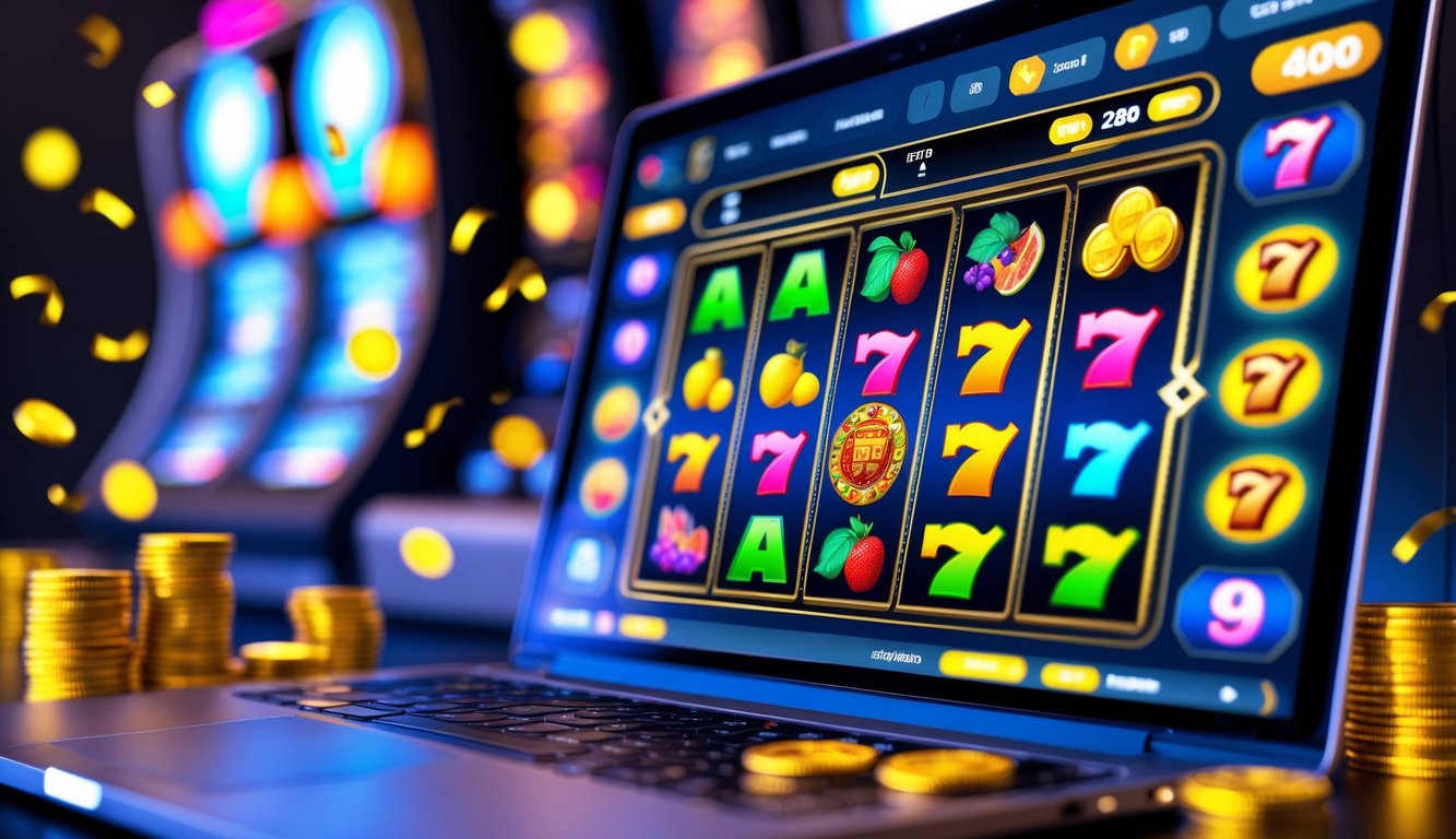 Layar perangkat digital menampilkan permainan slot online dengan simbol warna-warni dan lampu jackpot yang menyala.