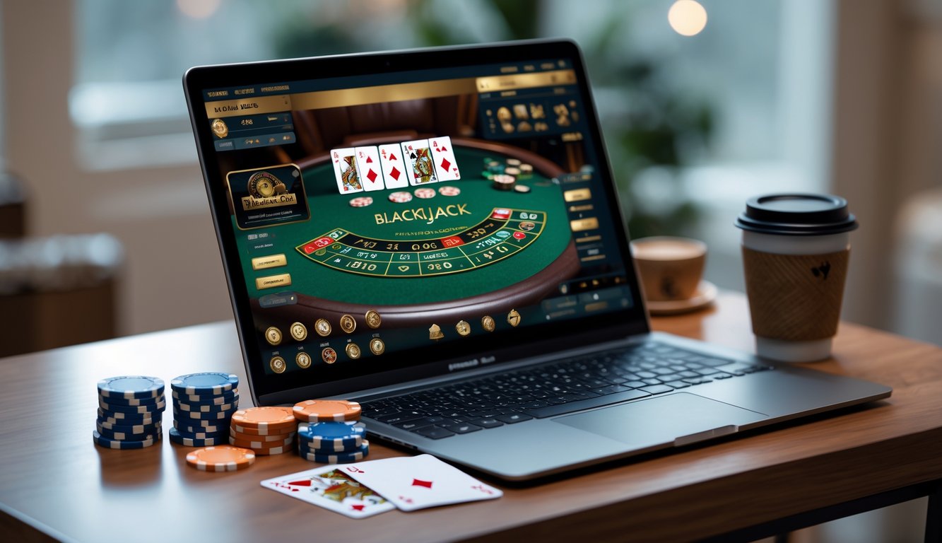 Seorang pemain sedang menggunakan komputer dengan permainan blackjack online di layar, dikelilingi oleh kartu remi dan chip poker di atas meja kayu.