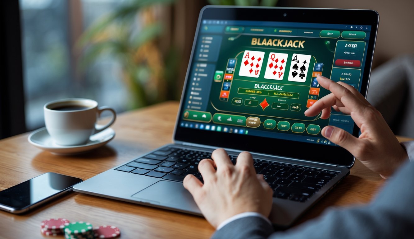 Seorang pria menggunakan laptop dengan permainan blackjack online di layar di atas meja kayu dengan cangkir kopi dan ponsel di sampingnya.