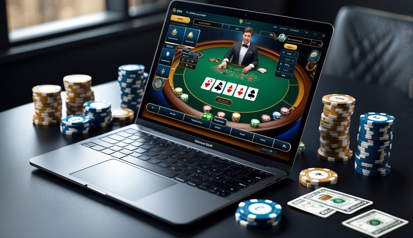Sebuah laptop menampilkan permainan blackjack online dengan tumpukan chip dan uang di atas meja kayu.