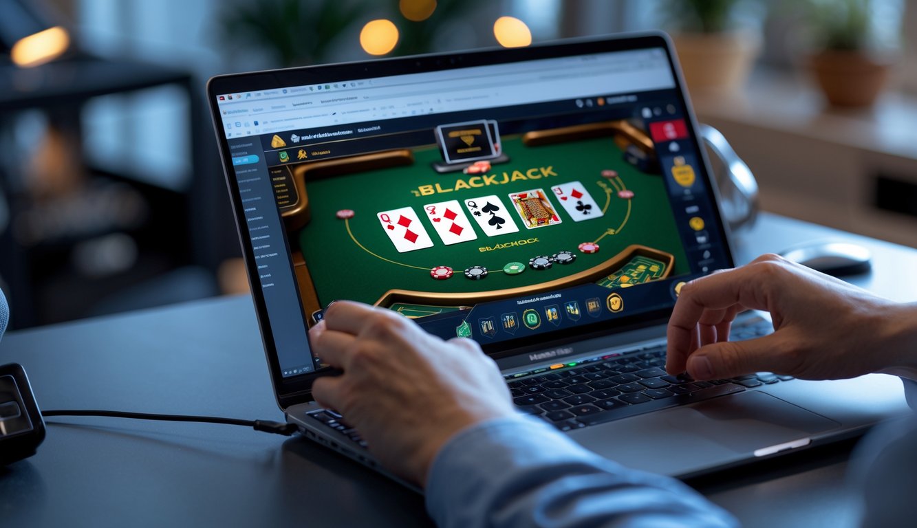 Seseorang sedang bermain blackjack online di komputer di ruang kerja yang nyaman.