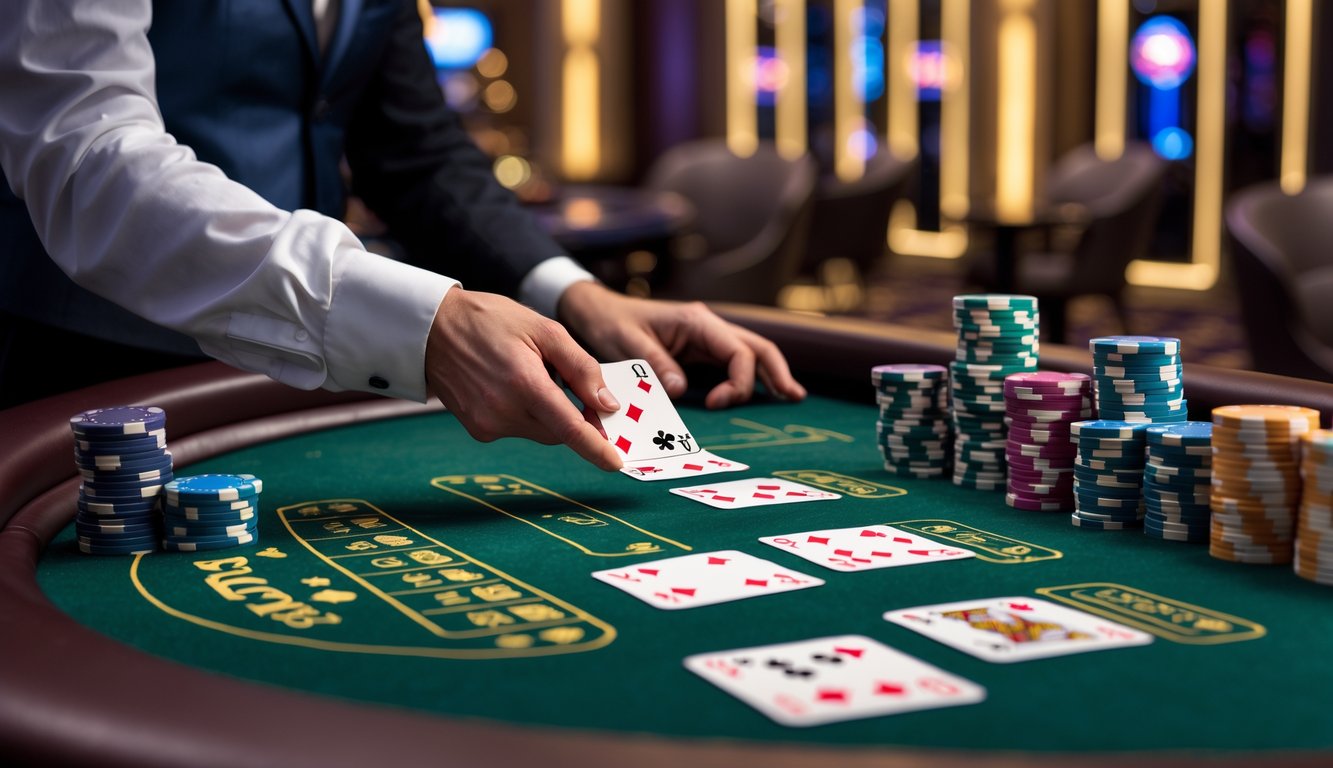 Meja blackjack kasino mewah dengan kartu dan chip poker tertata rapi di ruangan permainan yang elegan.