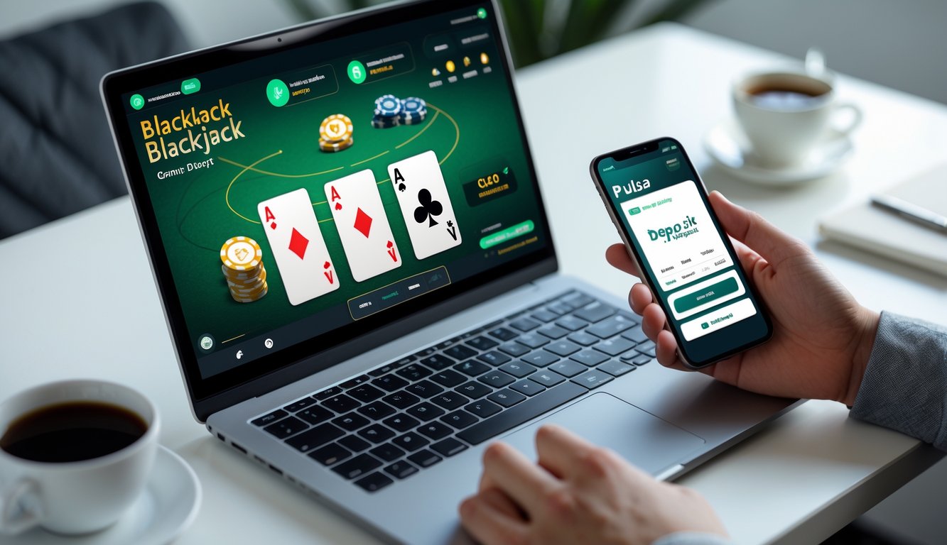 Seseorang menggunakan laptop dan ponsel untuk bermain blackjack online dengan metode pembayaran pulsa.