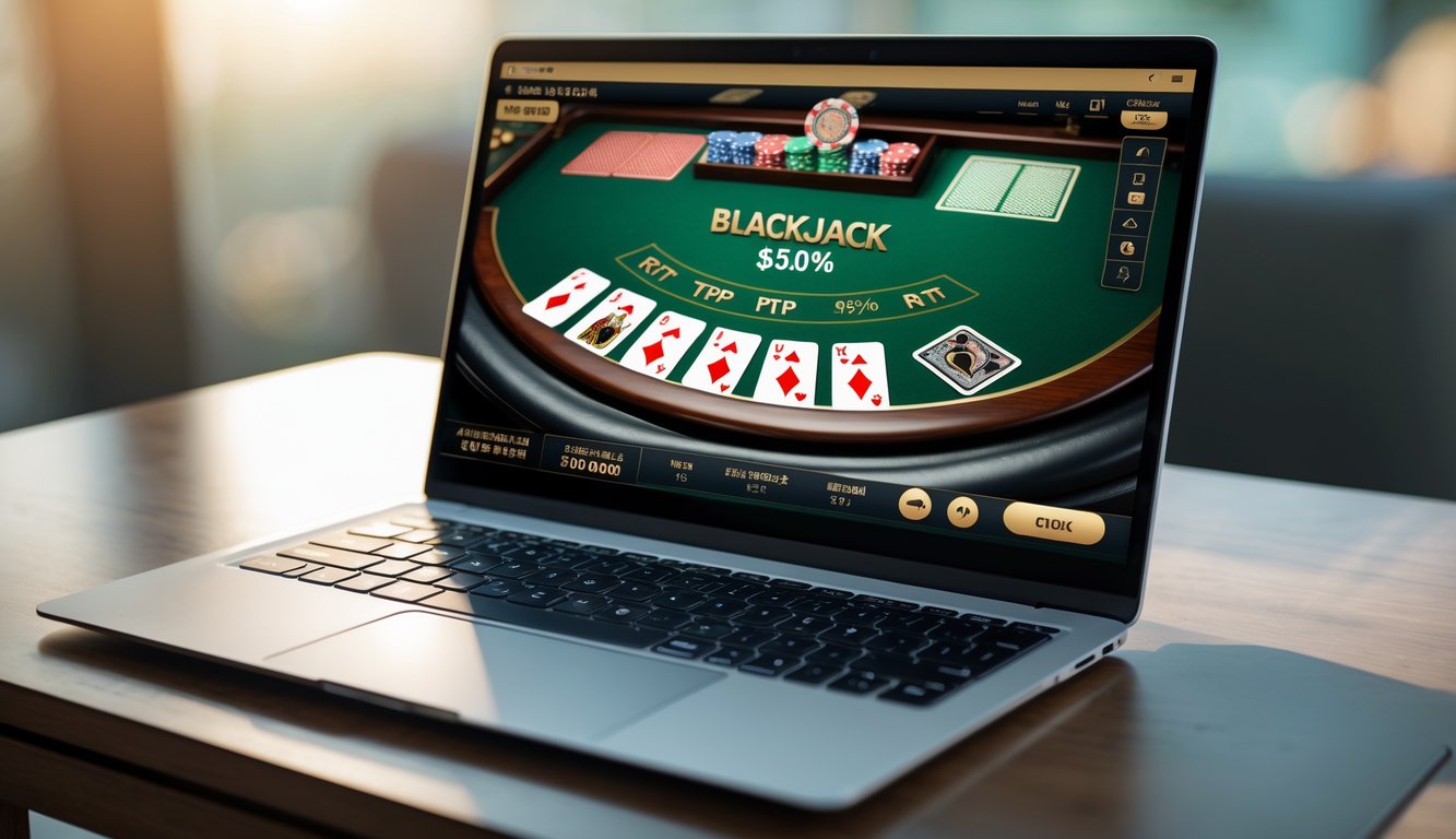 Laptop di atas meja kayu menampilkan permainan blackjack online dengan kartu dan chip terlihat jelas.