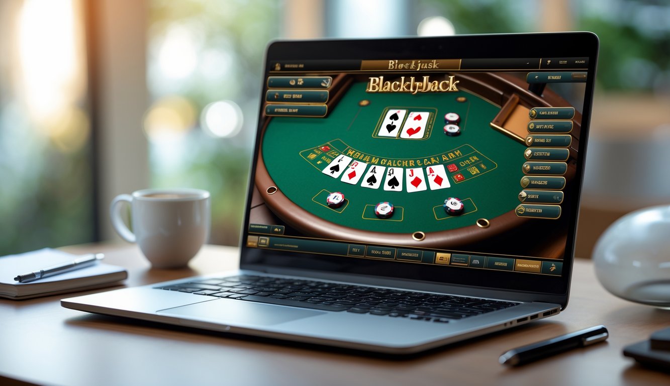 Sebuah laptop menampilkan permainan blackjack online di meja kartu dengan chip, di atas meja kerja yang rapi dan terang.