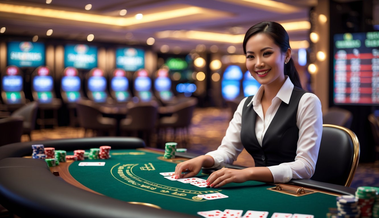 Seorang dealer blackjack wanita di meja kasino dengan latar belakang suasana kasino yang mewah.