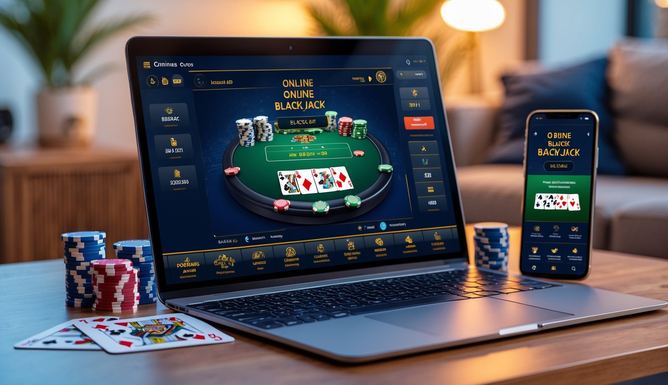 Seseorang bermain blackjack online di laptop dengan kartu dan chip poker di meja dalam ruangan nyaman.