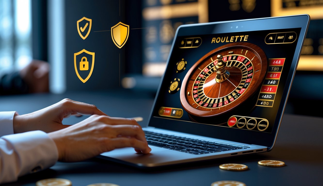 Seseorang menggunakan laptop dengan tampilan roda roulette digital di layar dalam suasana kerja yang bersih dan terang.